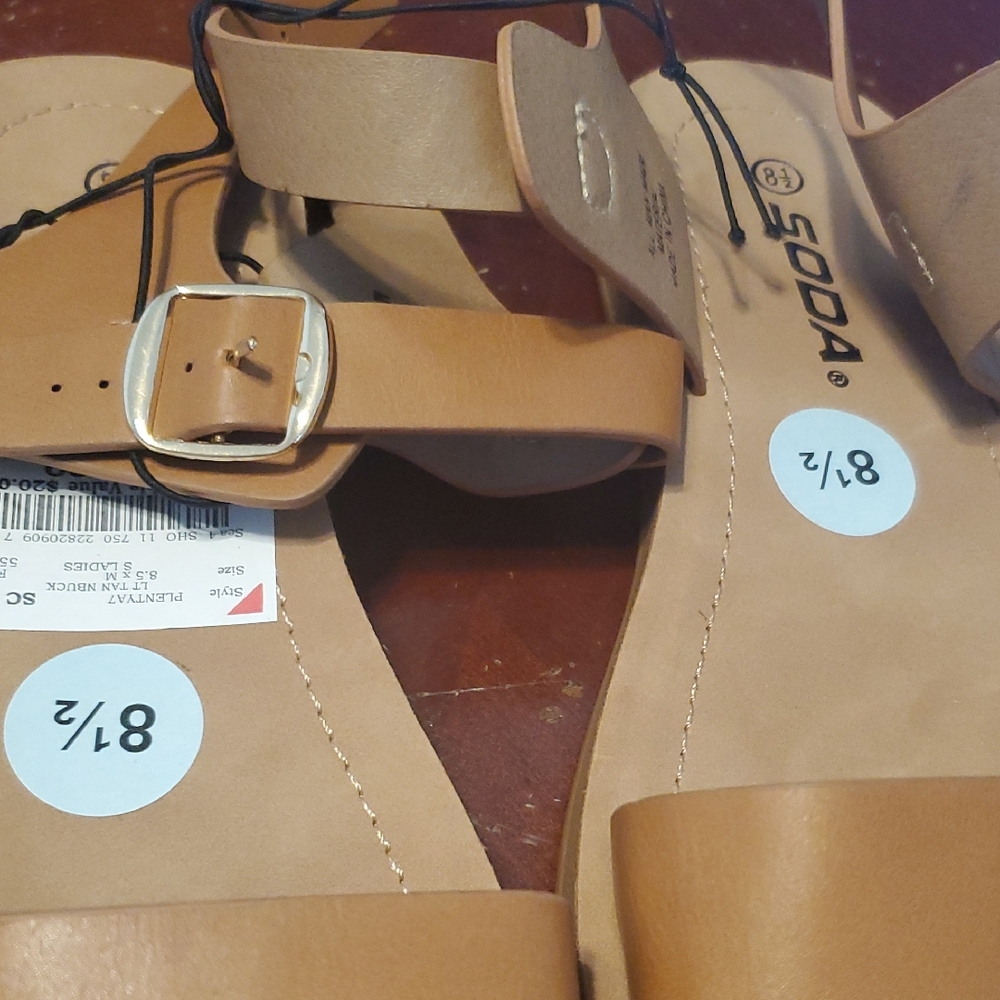 Soda Tan Sandals with Wide Straps and Ankle Buckle